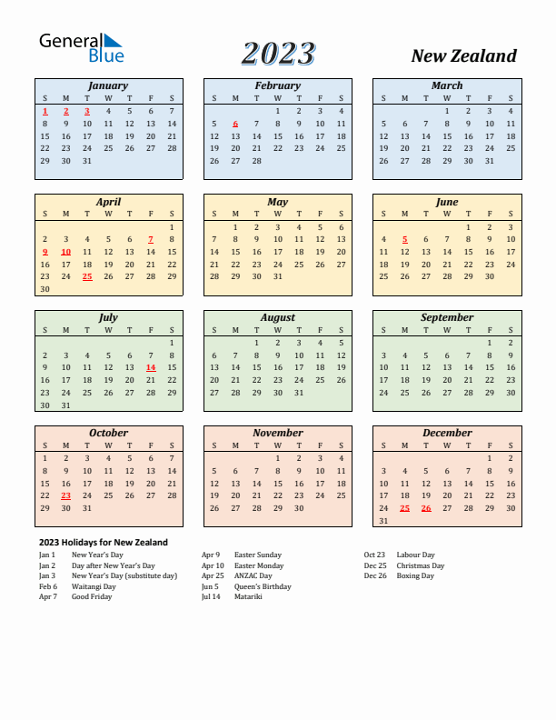 New Zealand Calendar 2023 with Sunday Start