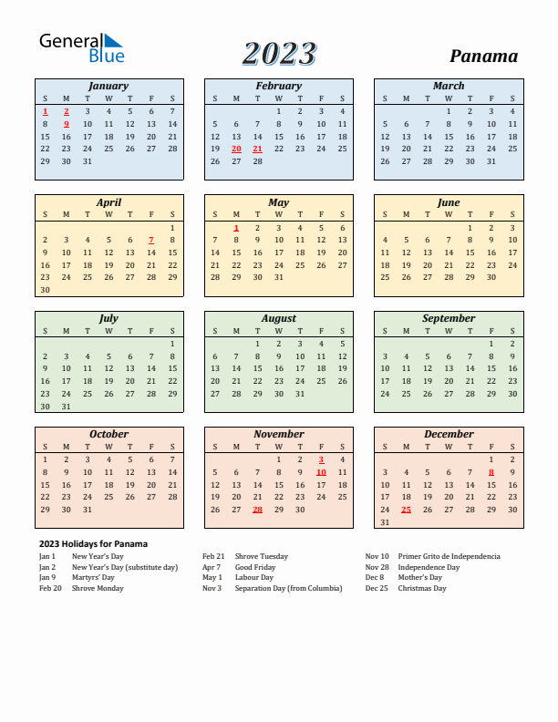 Panama Calendar 2023 with Sunday Start