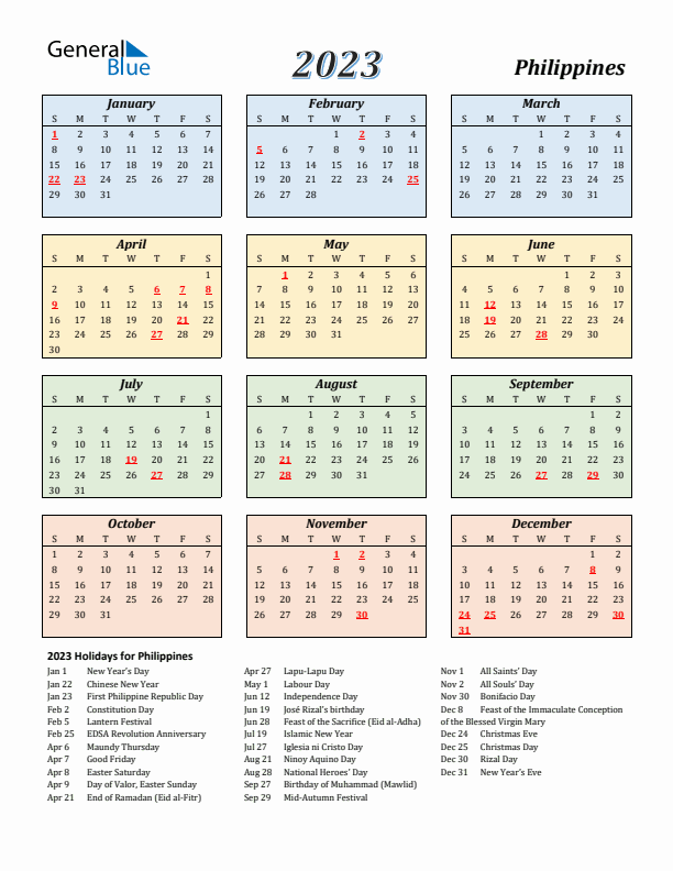 Philippines Calendar 2023 with Sunday Start