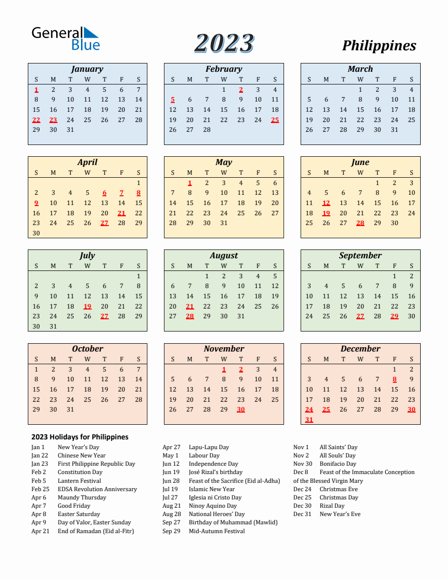 2023 Philippines Calendar with Sunday Start