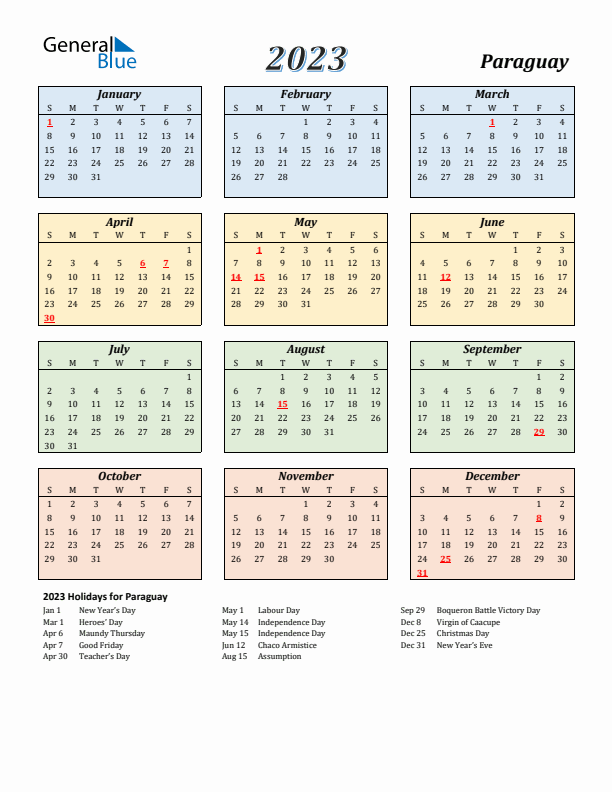 Paraguay Calendar 2023 with Sunday Start