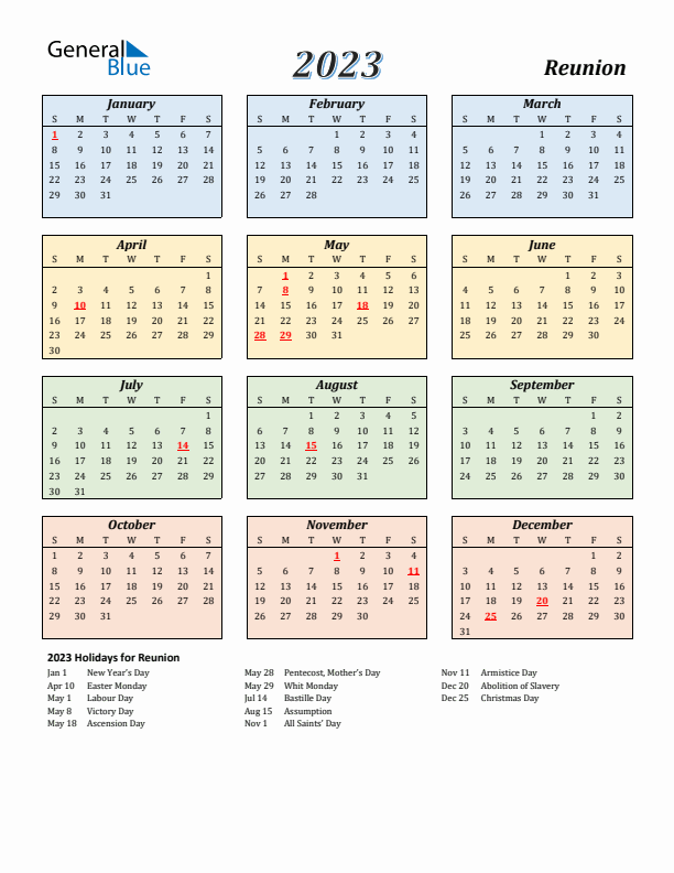 Reunion Calendar 2023 with Sunday Start