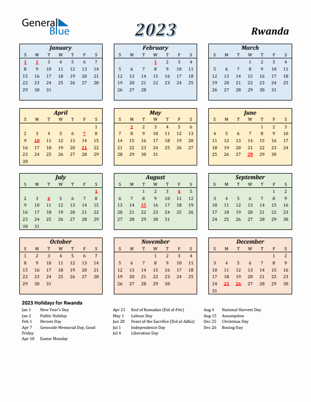 Rwanda Calendar 2023 with Sunday Start