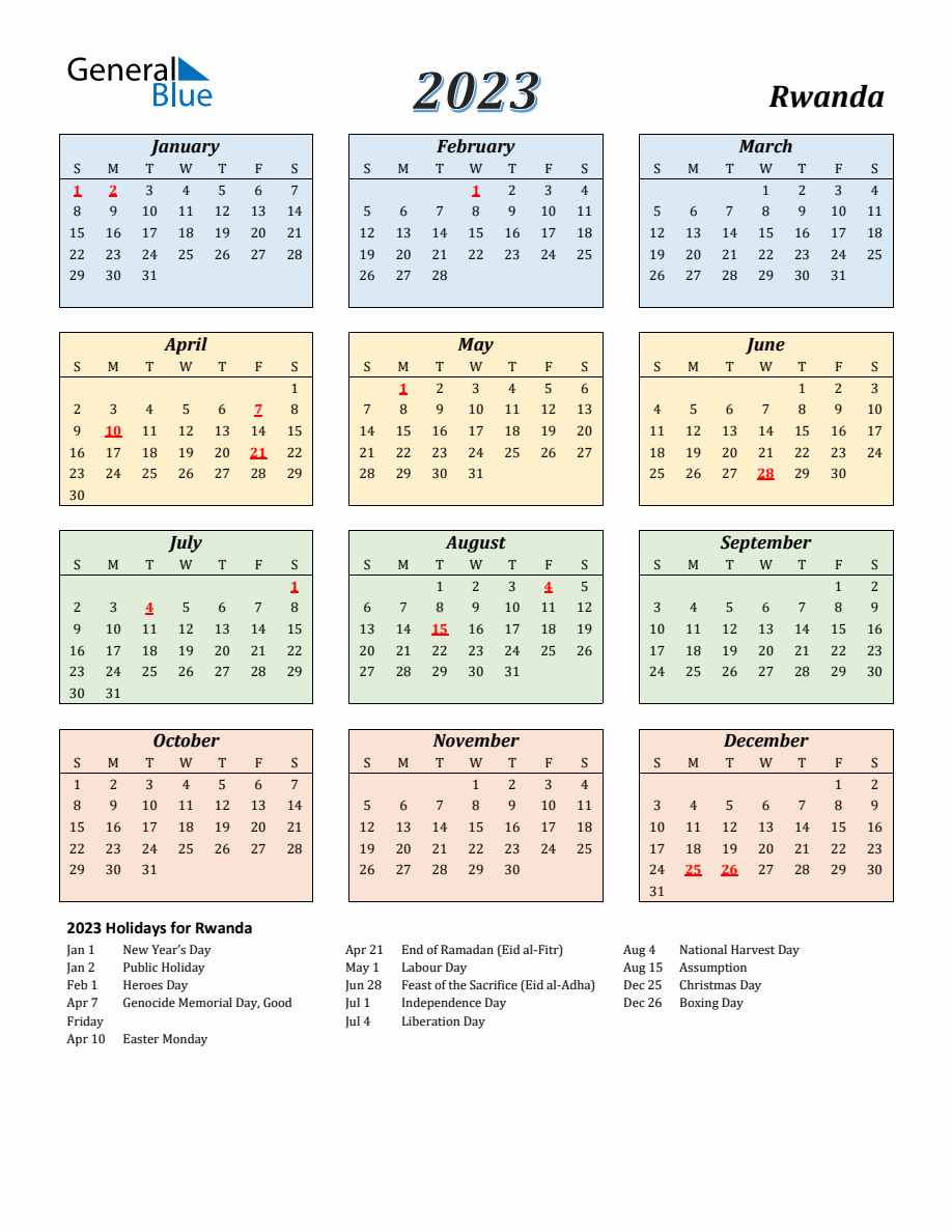 2023 Rwanda Calendar with Sunday Start