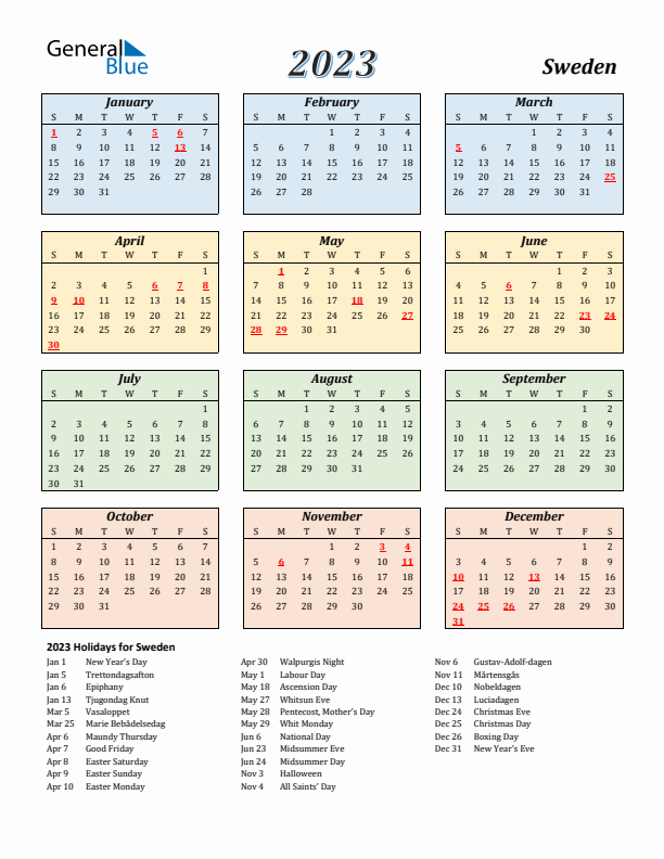 Sweden Calendar 2023 with Sunday Start