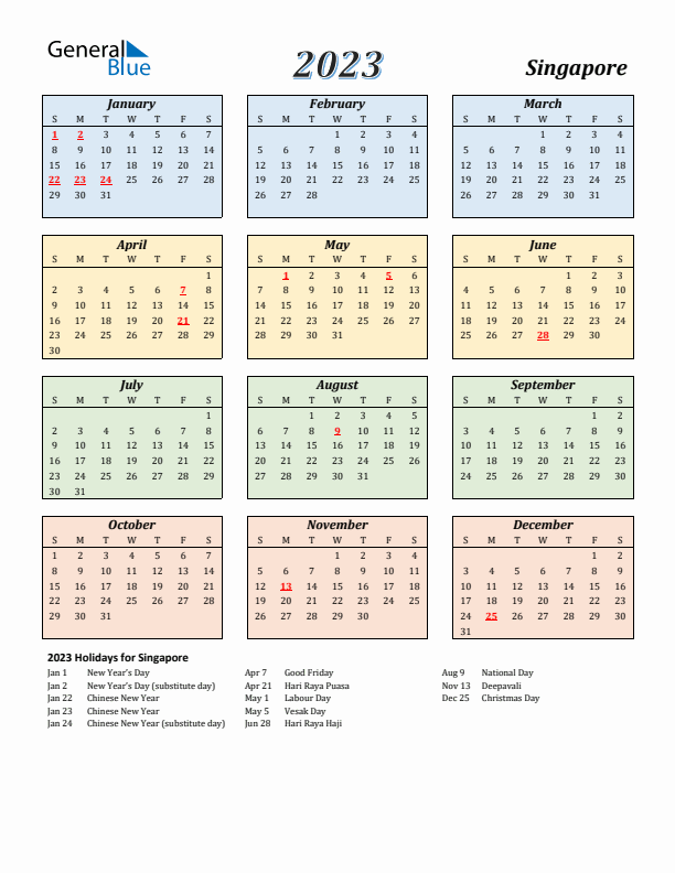 Singapore Calendar 2023 with Sunday Start