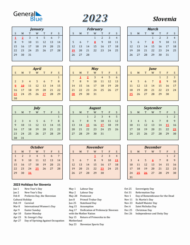 Slovenia Calendar 2023 with Sunday Start