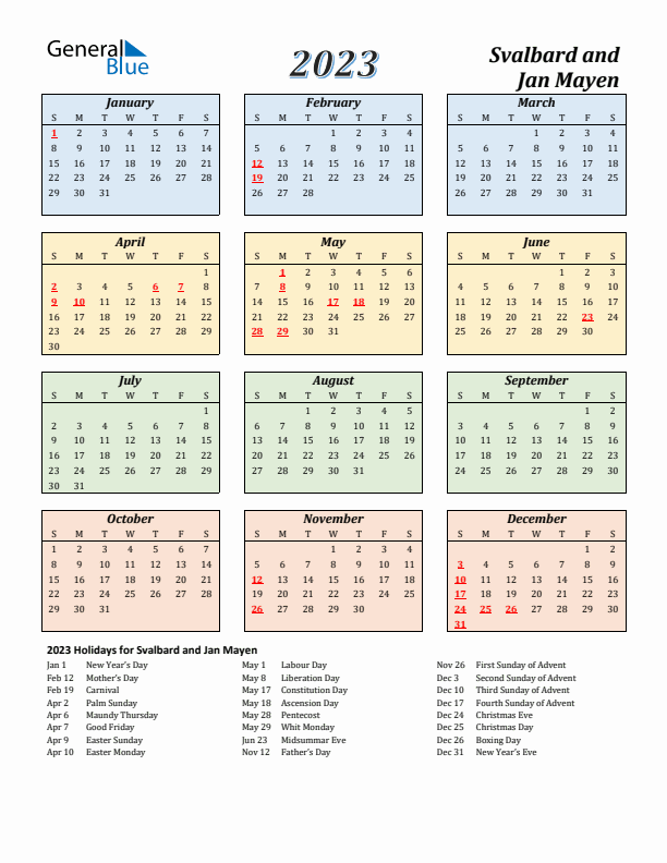 Svalbard and Jan Mayen Calendar 2023 with Sunday Start
