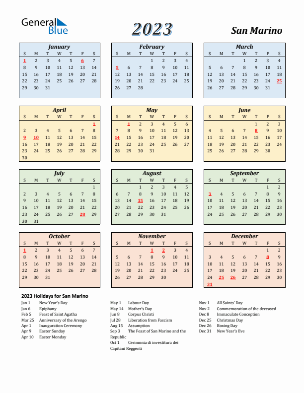 San Marino Calendar 2023 with Sunday Start