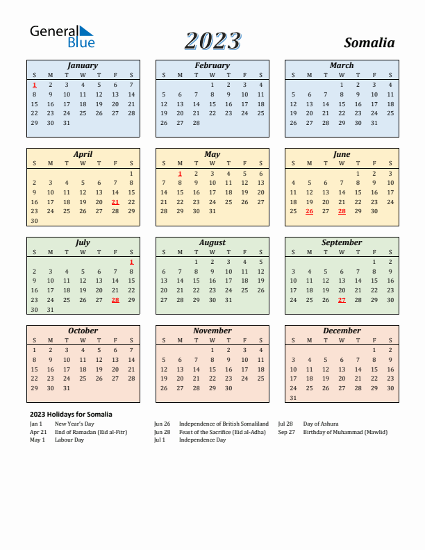 Somalia Calendar 2023 with Sunday Start