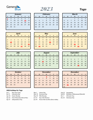 Togo current year calendar 2023 with holidays