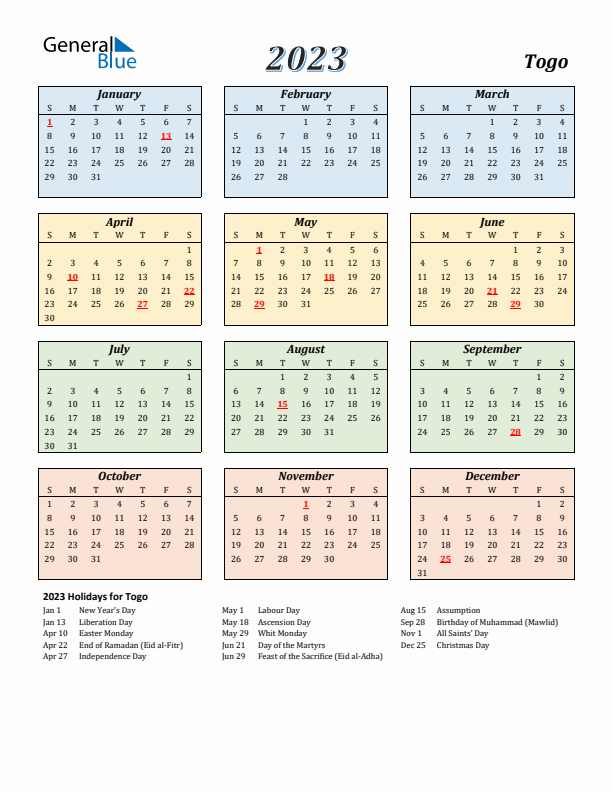 Togo Calendar 2023 with Sunday Start