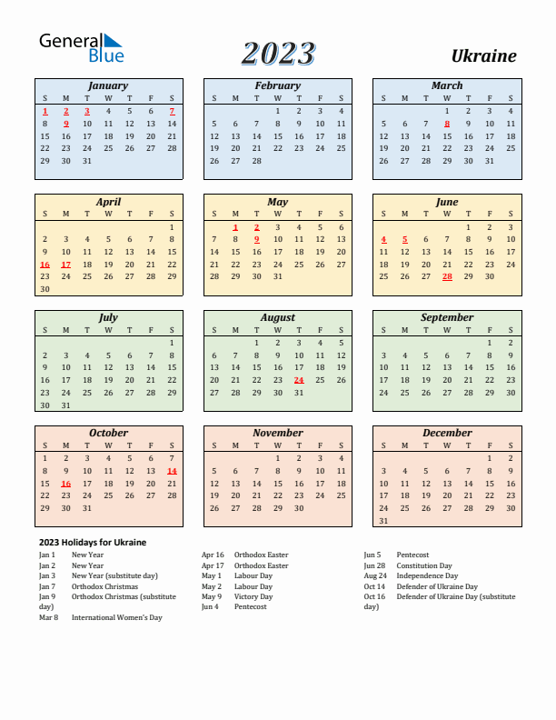 Ukraine Calendar 2023 with Sunday Start