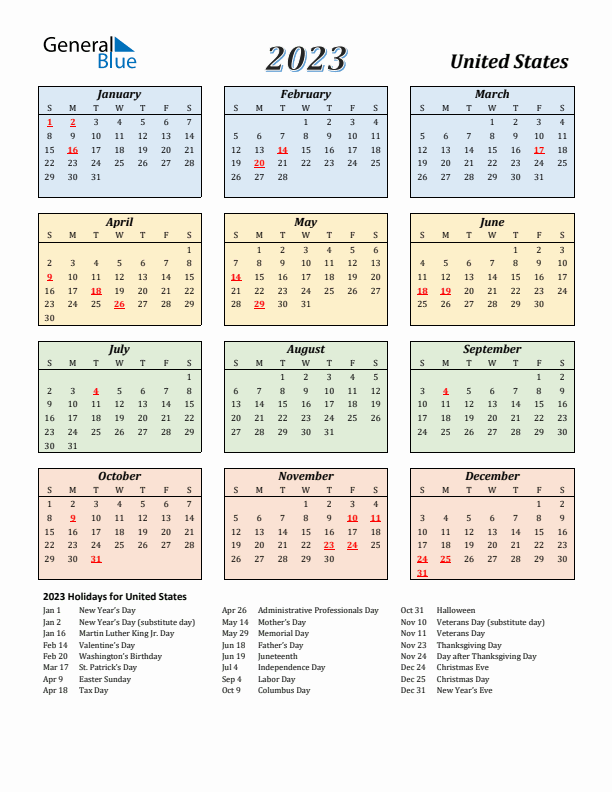 United States Calendar 2023 with Sunday Start