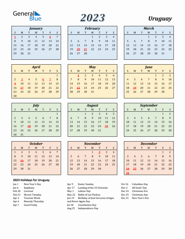 Uruguay Calendar 2023 with Sunday Start