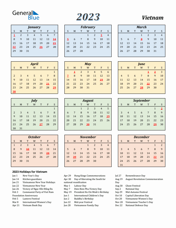 2023 Calendar Streamlined Colored With Holidays Portrait Sunday Start En Vn 612x792 