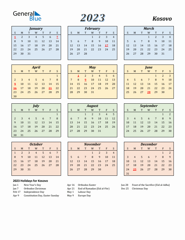 Kosovo Calendar 2023 with Sunday Start