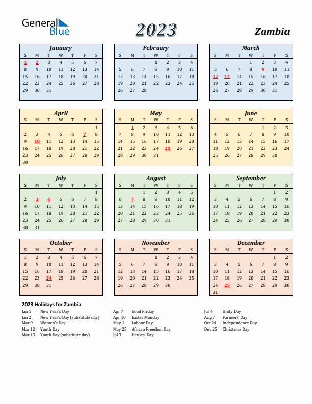 Zambia Calendar 2023 with Sunday Start