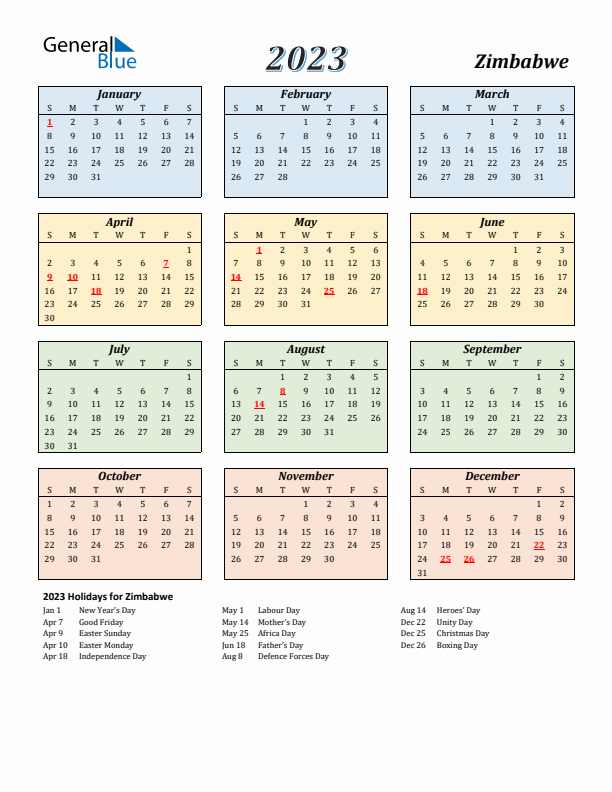 Zimbabwe Calendar 2023 with Sunday Start
