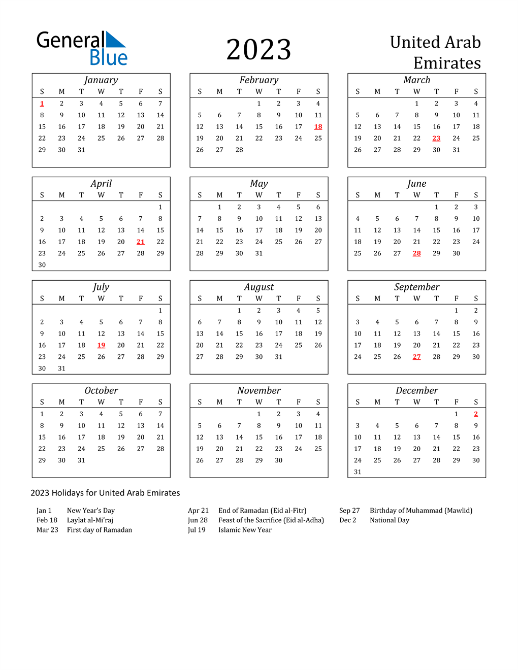 2023 United Arab Emirates Calendar with Holidays
