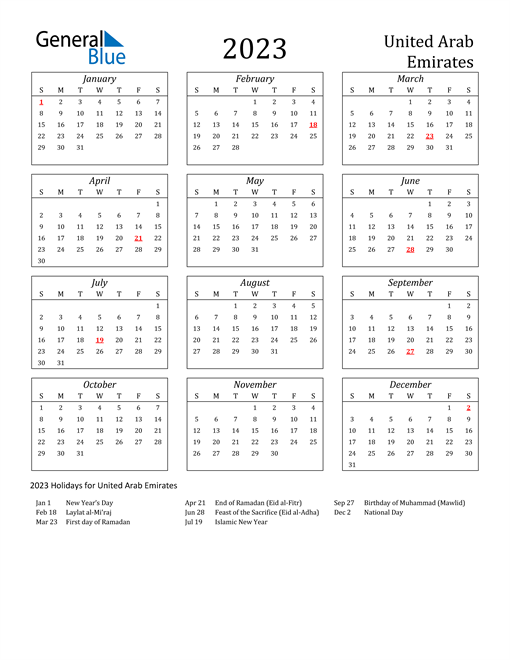 2023 United Arab Emirates Holiday Calendar