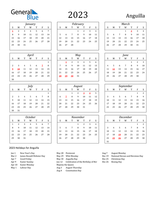 2023 Anguilla Holiday Calendar