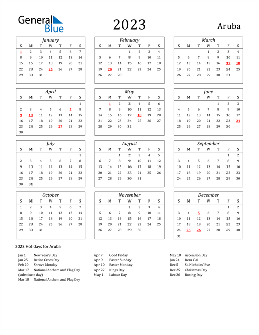 2023 Aruba Calendar with Holidays