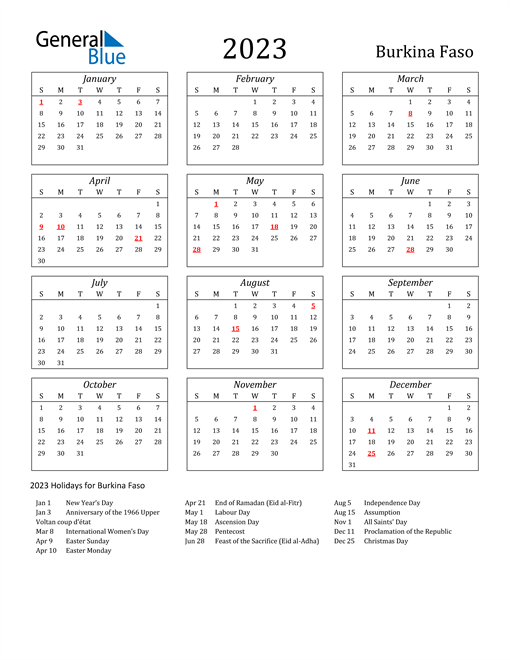 2023 Burkina Faso Holiday Calendar