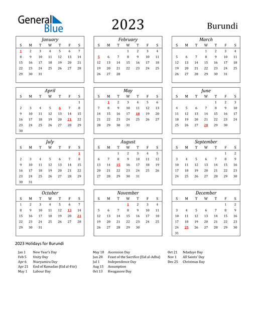 2023 Burundi Holiday Calendar