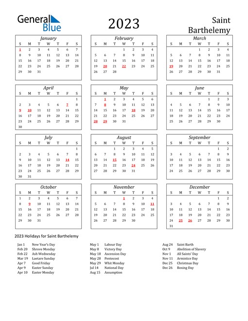 2023 Saint Barthelemy Holiday Calendar