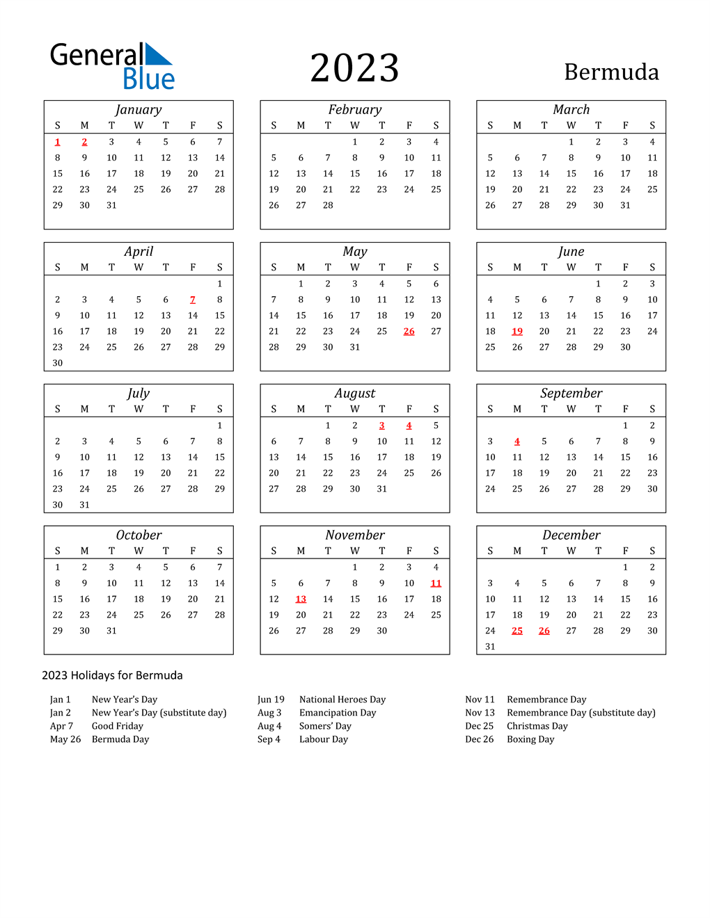 2023 Bermuda Calendar with Holidays