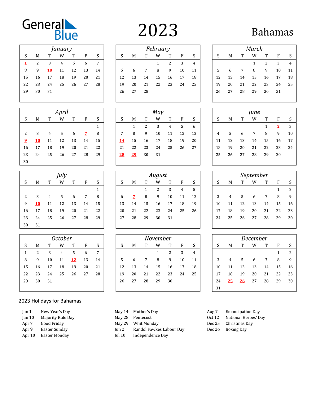 2023 Bahamas Calendar with Holidays