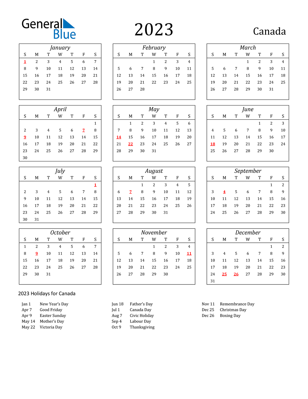 2023 Canada Calendar with Holidays