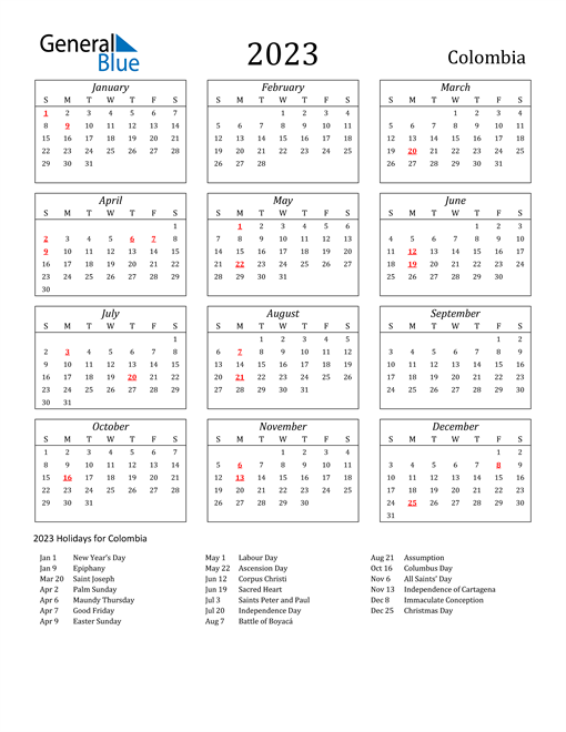 2023 Colombia Holiday Calendar