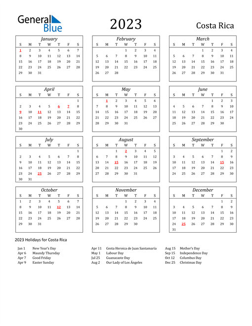 2023 Costa Rica Calendar with Holidays
