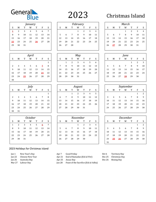 2023 Christmas Island Holiday Calendar