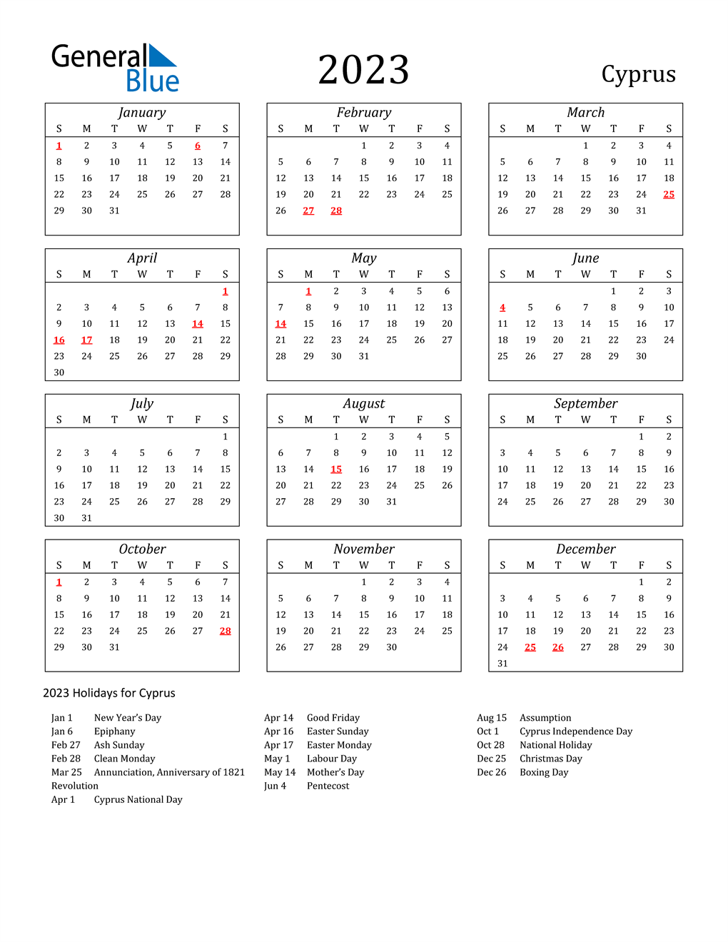 2023 Cyprus Calendar With Holidays Aria Art