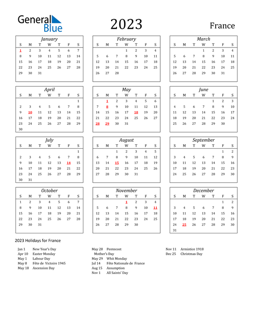 2023 France Holiday Calendar