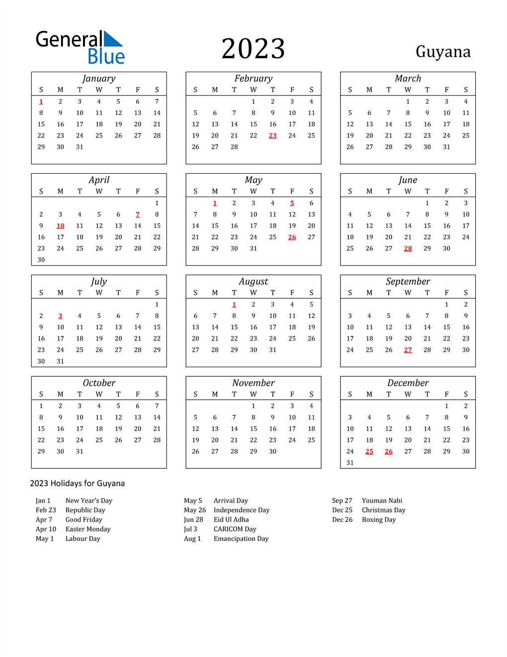 2023 Guyana Calendar with Holidays