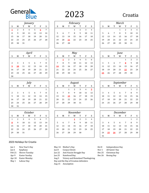 2023 Croatia Holiday Calendar