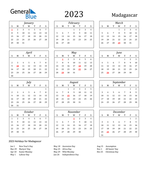 2023 Madagascar Holiday Calendar