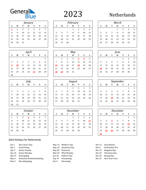 2023 Netherlands Calendar with Holidays
