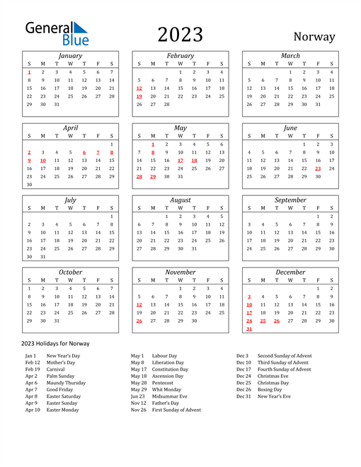 2023 Norway Holiday Calendar