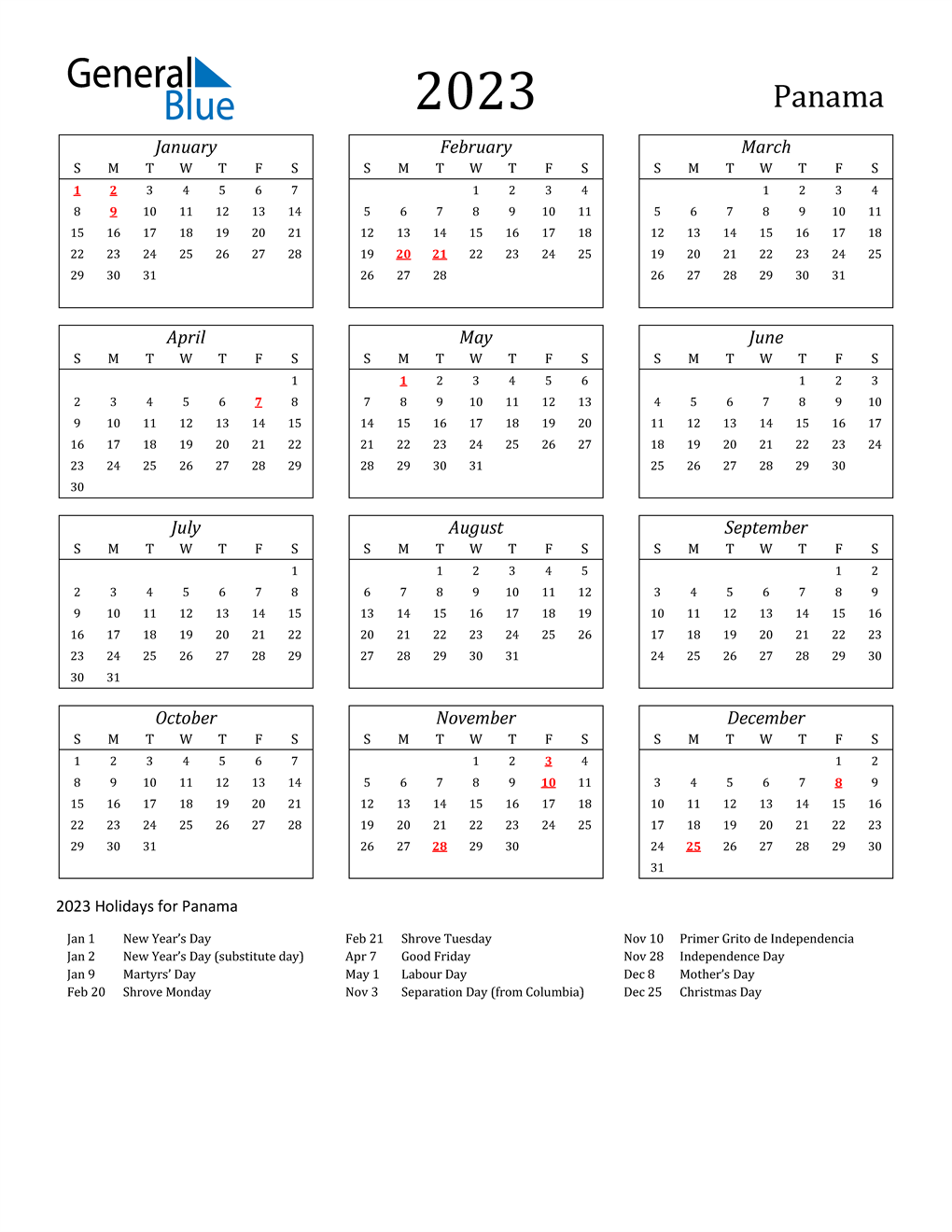 2023 Panama Calendar With Holidays