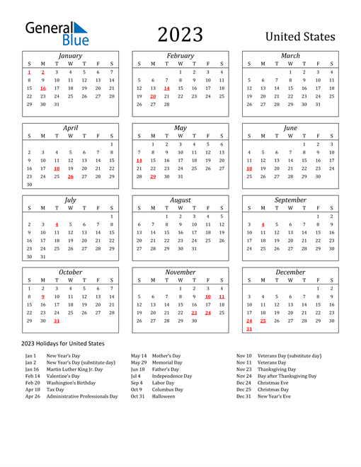 2023 United States Holiday Calendar