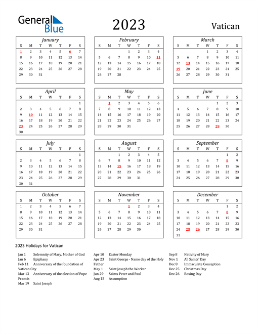 2023 Vatican Holiday Calendar