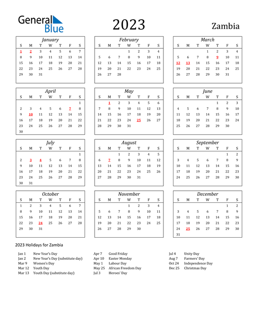 2023 Zambia Calendar With Holidays