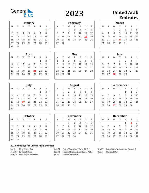 2023 United Arab Emirates Holiday Calendar - Monday Start