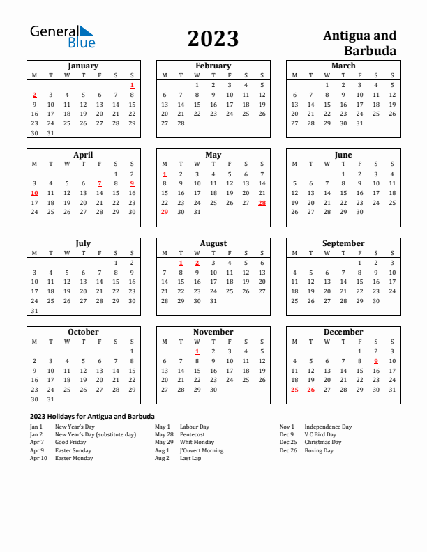 2023 Antigua and Barbuda Holiday Calendar - Monday Start