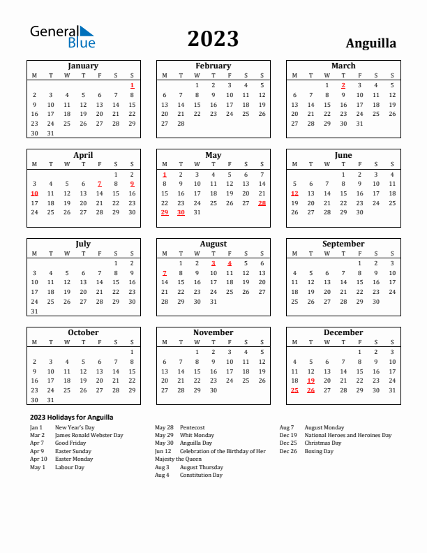 2023 Anguilla Holiday Calendar - Monday Start